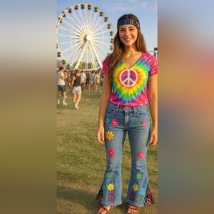 Vtg Y2K Rare American Eagle Hipster Flare Jeans 6P Peace Sign Matching Headband